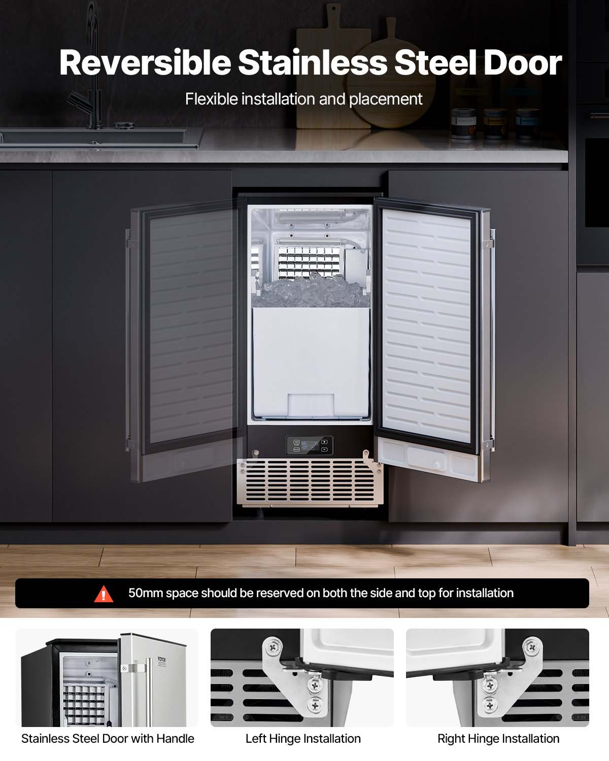 Undercounter Built-in Ice Maker, 80 Lbs/Day Under Counter Ice Maker Machine with Reversible Door Stainless Steel, Freestanding Ice Maker for Commercial Home Kitchen, Electric Drainage