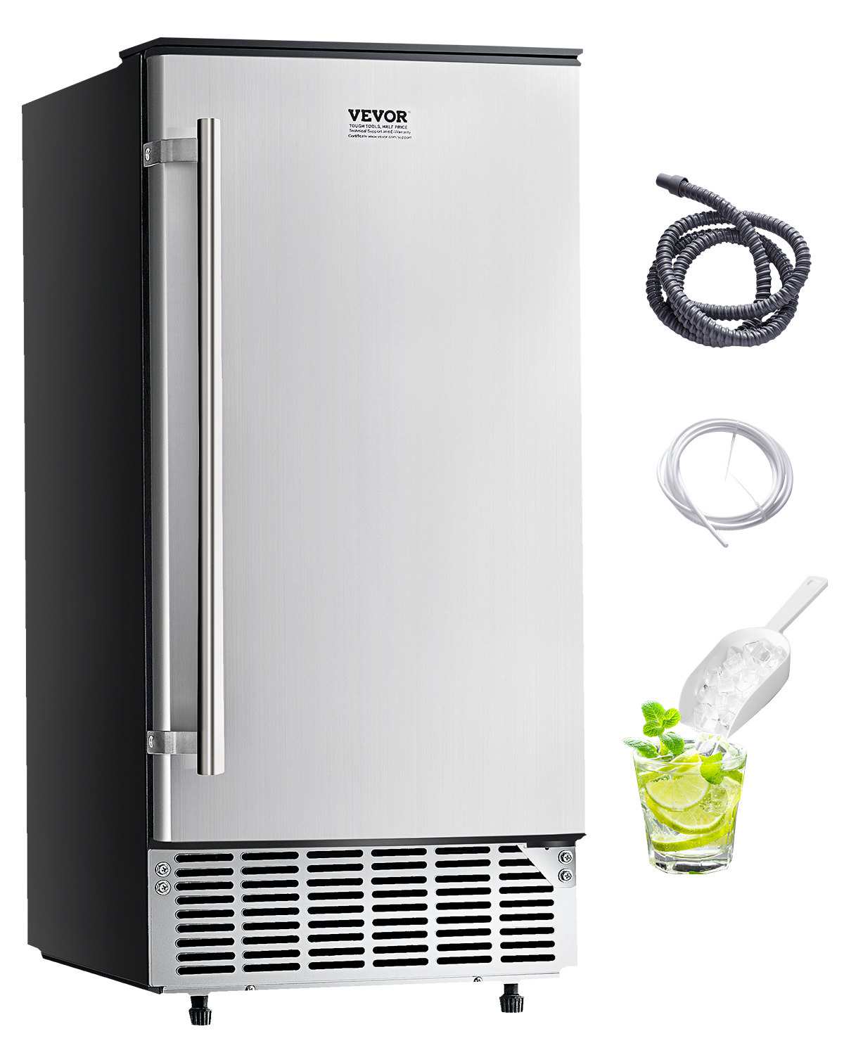 Undercounter Built-in Ice Maker, 80 Lbs/Day Under Counter Ice Maker Machine with Reversible Door Stainless Steel, Freestanding Ice Maker for Commercial Home Kitchen, Electric Drainage