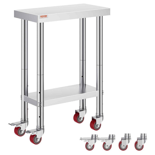 Stainless Steel Work Table 12 x 24 x 34 Inch, 700 LBS Load Capacity with 4 Wheels, 3 Adjustable Height Levels, Heavy Duty Food Prep Worktable for Commercial Kitchen Restaurant, Silver