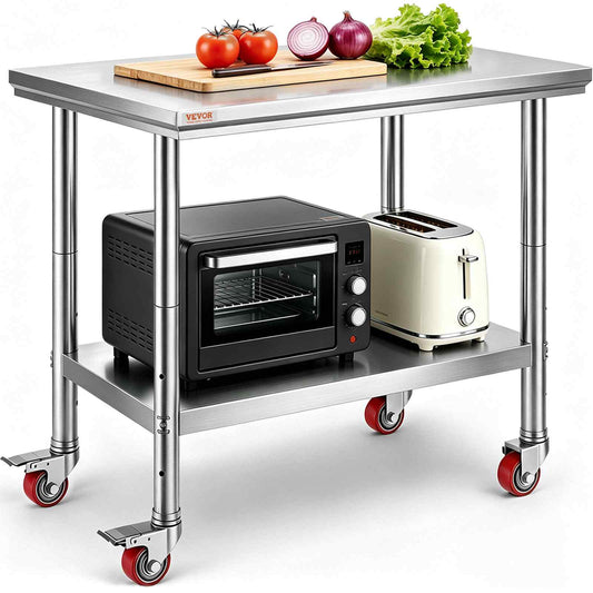 Stainless Steel Work Table 35 x 24 x 33 Inch, 300 LBS Load Capacity with 4 Wheels, 3 Adjustable Height Levels, Heavy Duty Food Prep Worktable for Commercial Kitchen Restaurant, Silver