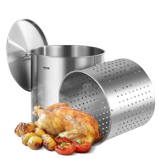 Stainless Steel Stockpot, 100 Quart Large Cooking Pots, Cookware Sauce Pot with Basket, Lid, and Handle, Heavy Duty Commercial Grade Stock Pot, Sanding Treatment, for Large Groups Events Silver