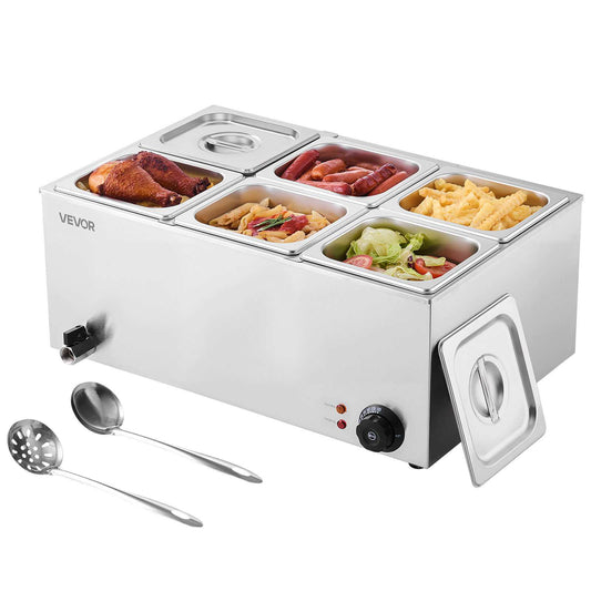 24QT Commercial Food Warmer, 6-Pan Electric Steam Table, 1200W Professional Countertop Stainless Steel Buffet Bain Marie with 86-185°F Temp Control for Catering, Buffet, Parties, Restaurants