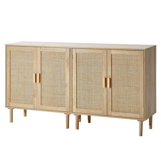 Rattan Cabinet, Set of 2, Rattan Storage Cabinet with 4 Magnetic Doors and Adjustable Shelves, Sideboard Buffet Cabinet for Hallway, Entryway, Living Room, or Kitchen, Natural
