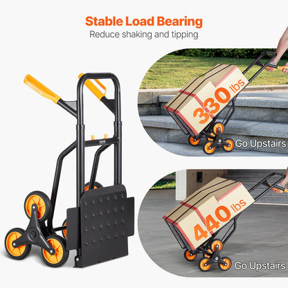 Stair Climbing Cart, 440 lbs Capacity Stair Climber Hand Truck and Dolly, Heavy-Duty Folding Trolley Cart with Dual Handle, 6 Wheels & 2 Elastic Ropes for Home Office Shopping Moving Warehouse