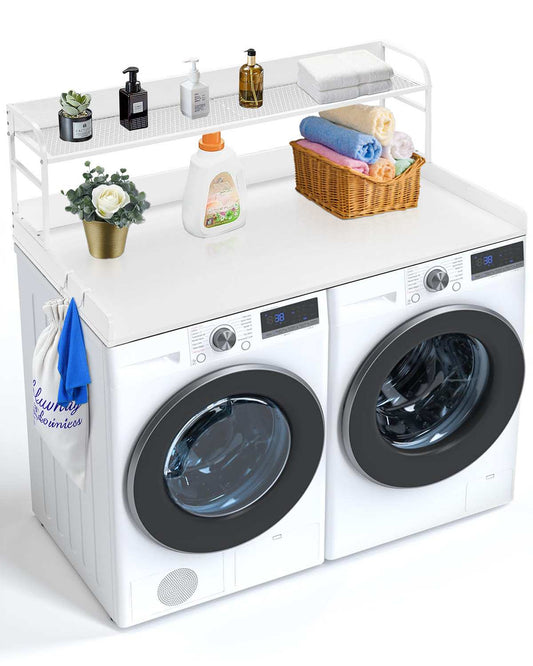 Washer Dryer Countertop with 2-Tier Shelf, 54" x 27" Wooden Washer and Dryer Countertop with Anti-Slip Pads, Water-Resistant Laundry Topper Cover for Laundry Room Organization and Storage, White