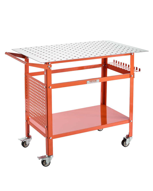 Welding Table, 40" x 24" Welding Workbench Table with 800LBS Static Weight Capacity, Movable Steel Work Bench with 4 Wheels (2 with Brake), Double-Layer Storage Board and 5/8-inch Fixture Holes