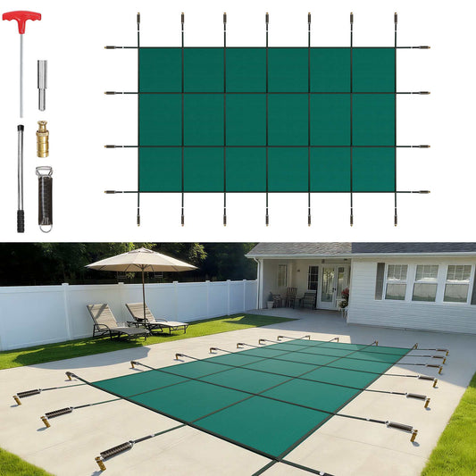 Pool Safety Cover Fits 14x26ft Rectangle Inground Pools, Safety Pool Cover with Drainage Holes, Mesh Solid Pool Cover for Swimming Pool, Winter Safety Cover, Green