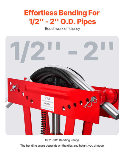 Hydraulic Pipe Bender, 12 Ton Manual Copper Exhaust Pipe Bending Machine with 6 Dies (1/2" - 2") and 90 - 180° Adjustable Rollers, Heavy-Duty Pipe Tube Bender for Piping Railing Construction