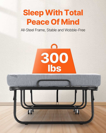 Rollaway Bed, 31 in x 75 in Folding Bed with 4 in Mattress, Twin Size Foldable Bed with Sturdy Metal Frame & Memory Foam Mattress, Portable Twin Roll Away Bed with Mattress, for Adults, Guest