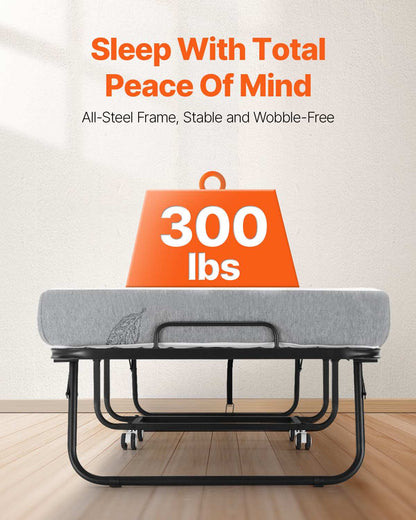 Rollaway Bed, 31 in x 75 in Folding Bed with 5 in Mattress, Twin Size Foldable Bed with Sturdy Metal Frame & Memory Foam Mattress, Portable Twin Roll Away Bed with Mattress, for Adults, Guest