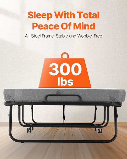 Rollaway Bed, 38 in x 75 in Folding Bed with 4 in Mattress, Twin Size Foldable Bed with Sturdy Metal Frame & Memory Foam Mattress, Portable Twin Roll Away Bed with Mattress, for Adults, Guest