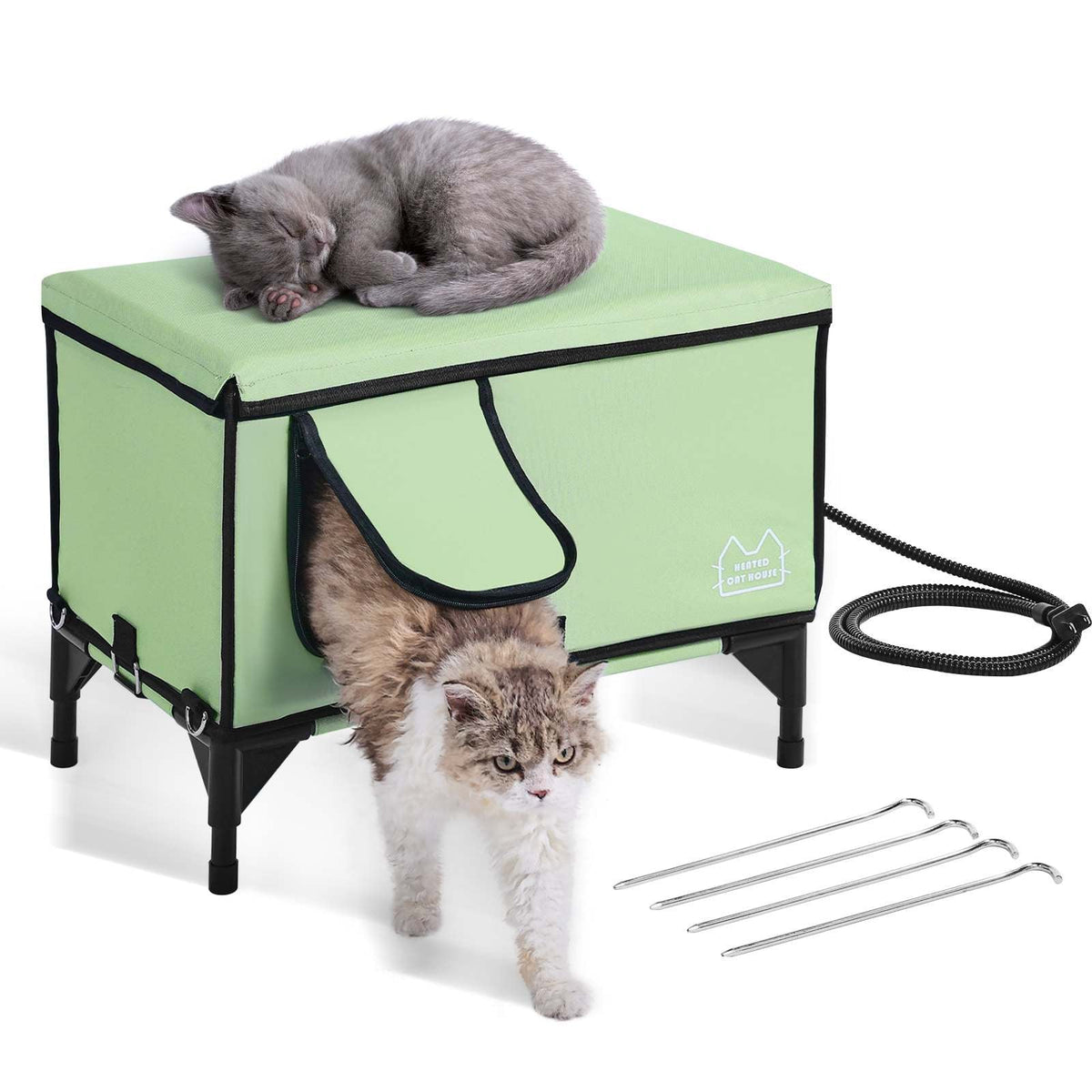 Elevated Heated Cat House, Cuboid Kitty Shelter with Adjustable Temperature and Timer, 900D Oxford Cloth Foldable Cat Shelter with Heated Pad  for Winter to Stay Warm and Cozy, Green (Large)