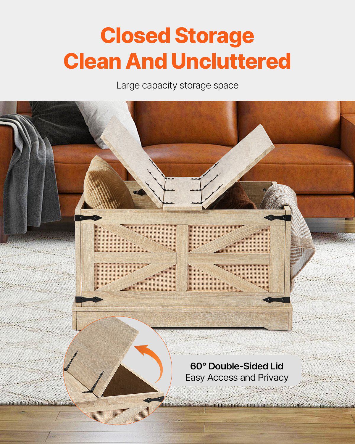 Rattan Coffee Table, Rectangle PE Rattan Woven Wood Coffee Table with MDF Top, 32-Inch Modern Boho Style Storage Coffee Table with Retro Metal Hinges, for Living Room, Bedroom & Small Spaces