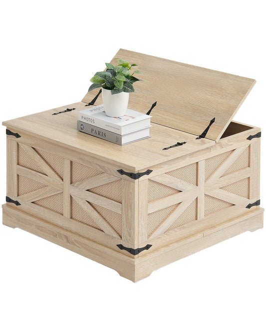 Rattan Coffee Table, Rectangle PE Rattan Woven Wood Coffee Table with MDF Top, 32-Inch Modern Boho Style Storage Coffee Table with Retro Metal Hinges, for Living Room, Bedroom & Small Spaces