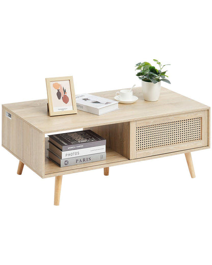 Rattan Coffee Table, Mid Century Modern Coffee Table, Rectangle Wood Coffee Table, 42 Inch Modern Boho Style Two Layers Storage Coffee Table, for Living Room, Bedroom & Small Spaces