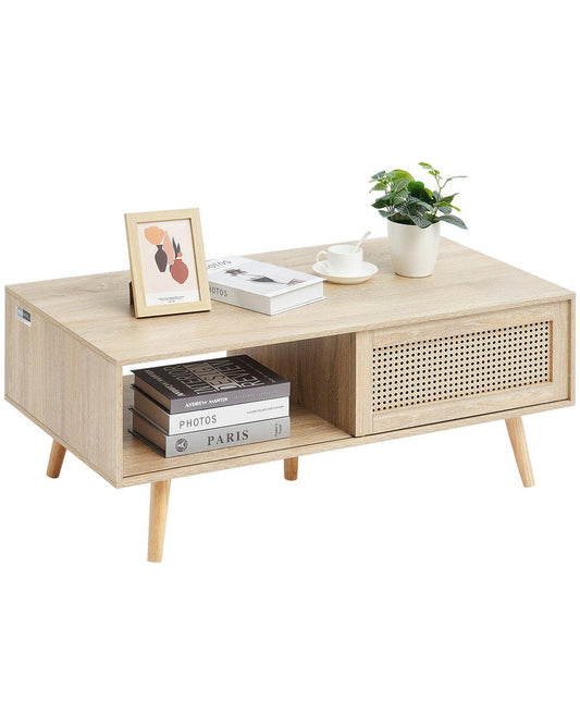 Rattan Coffee Table, Mid Century Modern Coffee Table, Rectangle Wood Coffee Table, 42 Inch Modern Boho Style Two Layers Storage Coffee Table, for Living Room, Bedroom & Small Spaces