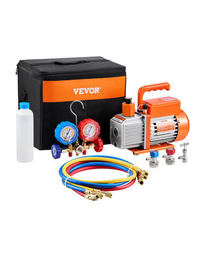 3.5 CFM AC Vacuum Pump and Gauge Set, Single Stage Rotary Vane HVAC Air Vacuum Pump, A/C Refrigerant Manifold Gauge Kit, with Hoses, Air Conditioning Refrigeration for R134a, R12, R22, R502a