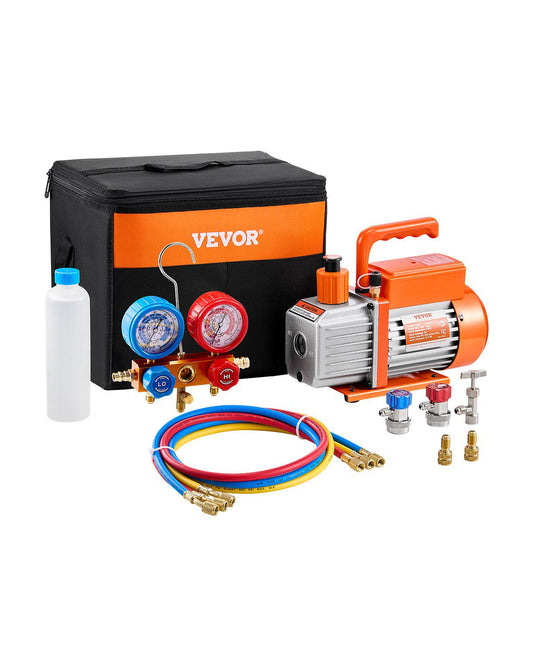 3.5 CFM AC Vacuum Pump and Gauge Set, Single Stage Rotary Vane HVAC Air Vacuum Pump, A/C Refrigerant Manifold Gauge Kit, with Hoses, for R134a, R12, R22, R502a, R410A, R404, R407C Refrigerants