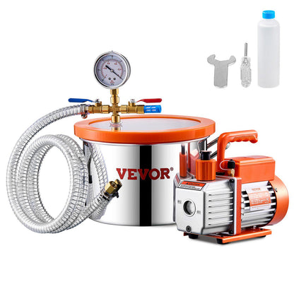 1.5 Gallon Vacuum Chamber and 3.5 CFM Pump Kit, Stainless Steel Chamber, Single Stage Vacuum Pump Degassing Chamber Kit, with Acrylic Lid, Oil, 4.92 ft Hose, for Degassing Resin Silicone Epoxies