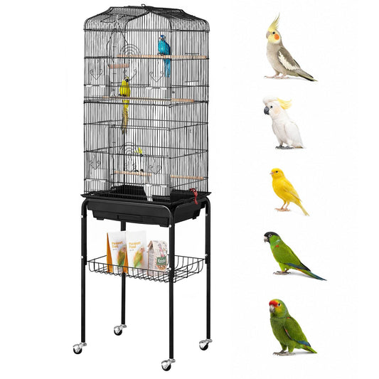 64-inch Open Top Large Parrot Bird Cage with Detachable Rolling Stand for Parakeets Finches Canaries Lovebirds Cockatiels Budgies Small Quaker Conures Flight Birdcage with Swing and Perch