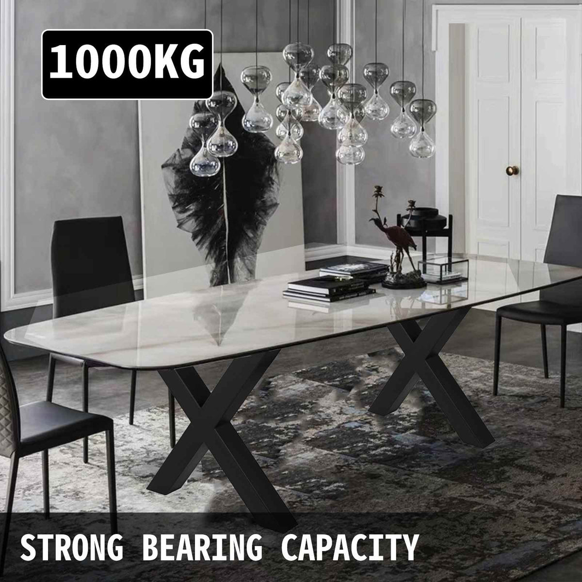 Set of 2 Steel Table Legs, 28\'\'Height 30\'\'Wide Dining Table Legs, Heavy Duty 3.1\" Square Box Section X Frame Table Legs, 28x30x3.1 Inch Black Color Industrial Country Style Metal Dining Leg