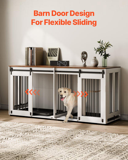 72" Dog Crate Furniture for 2 Dogs, Double Dog Crate Furniture with Double Sliding Doors, Large Dog Crate TV Stand with Removable Tray, Steel Frame Double Dog Crate for Small, Medium, Large Dogs White