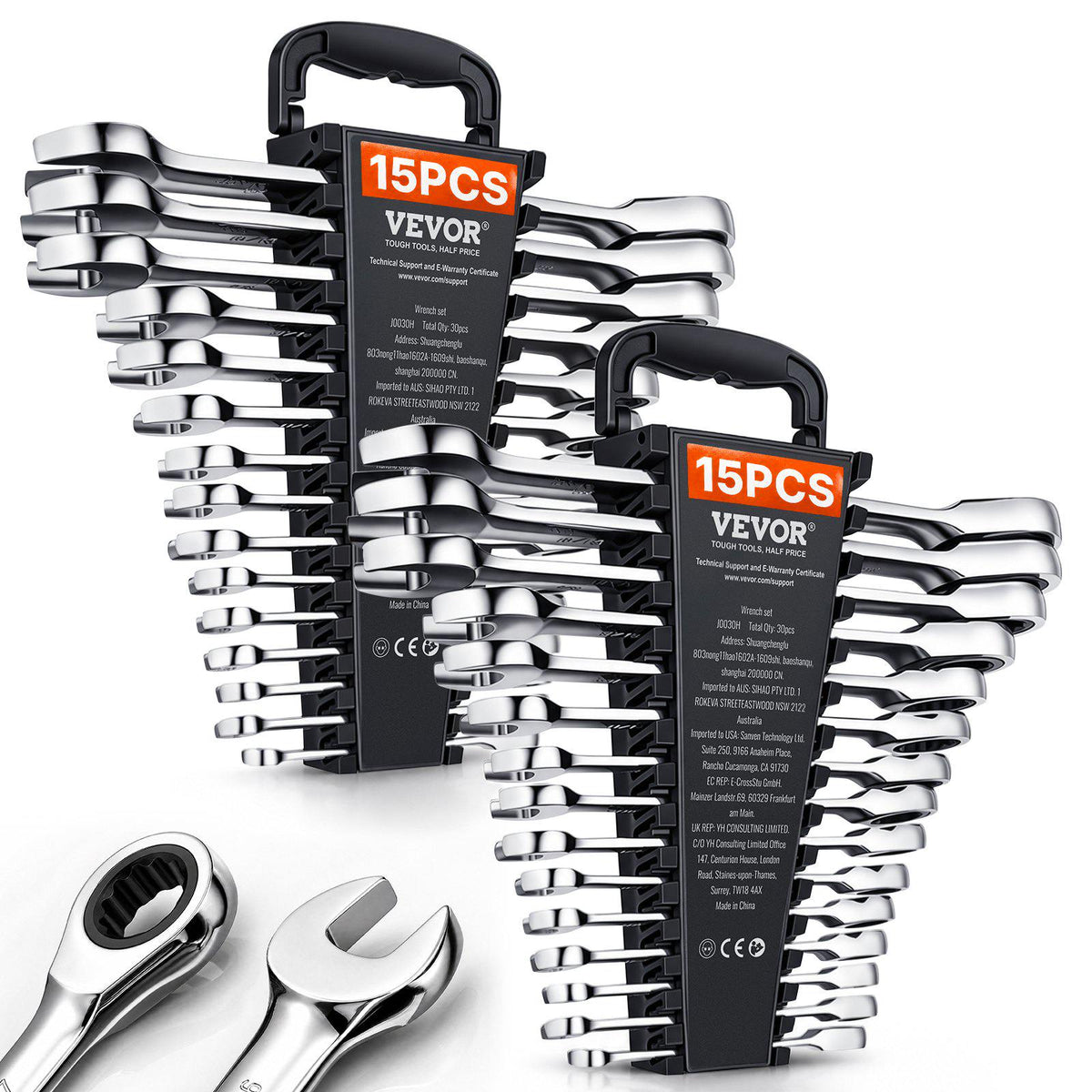 Combination Wrench Set, 30-Piece Ratcheting Wrench Set with Organizer Rack, Cr-V Steel Wrench Set SAE 1/4" to 1", Metric 8 mm to 24 mm, Ideal for General Household, Garage, Workshop, Emergency