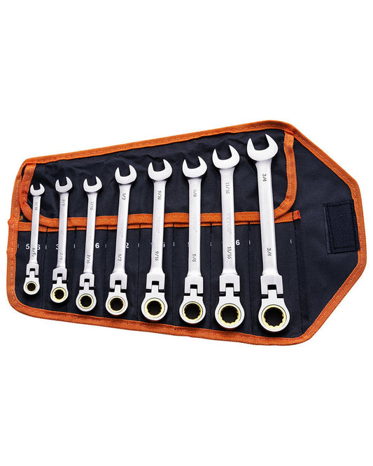 Flex-Head Ratcheting Wrench Set, 8-piece Combination Wrench Set with Roll-up Pouch, Cr-V Steel Flexible Ratcheting Wrench Set SAE 5/16" to 3/4", Ideal for General Household, Workshop, Garage