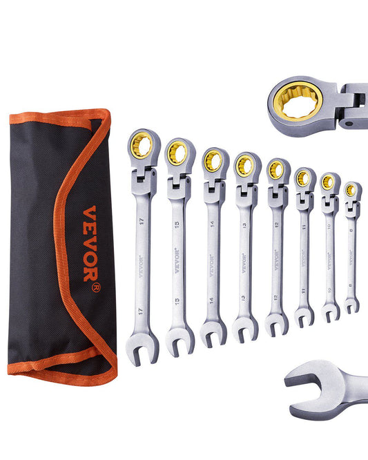 Flex-Head Ratcheting Wrench Set, 8-piece Combination Wrench Set with Roll-up Pouch, Cr-V Steel Flexible Ratcheting Wrench Set Metric 8 mm to 17 mm, Ideal for General Household, Auto Repairs