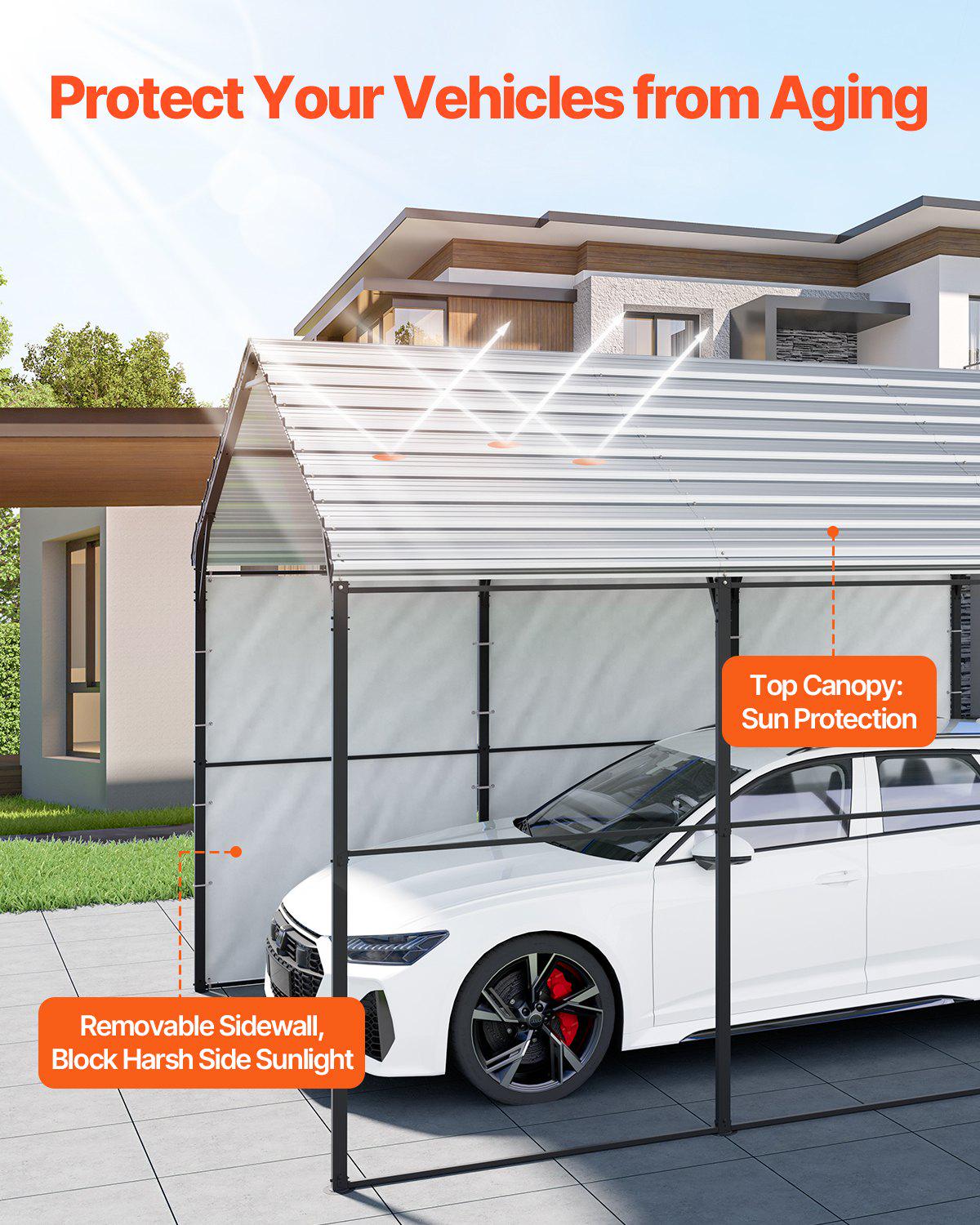 Heavy Duty Metal Carport, 10' x 15' Outdoor Carport with Galvanized Steel Frame & Roof, Car Tent Garage Shade with Removable Sidewalls, Multi-Use Car Shelter for Pickup, Boat, Car & Tractors