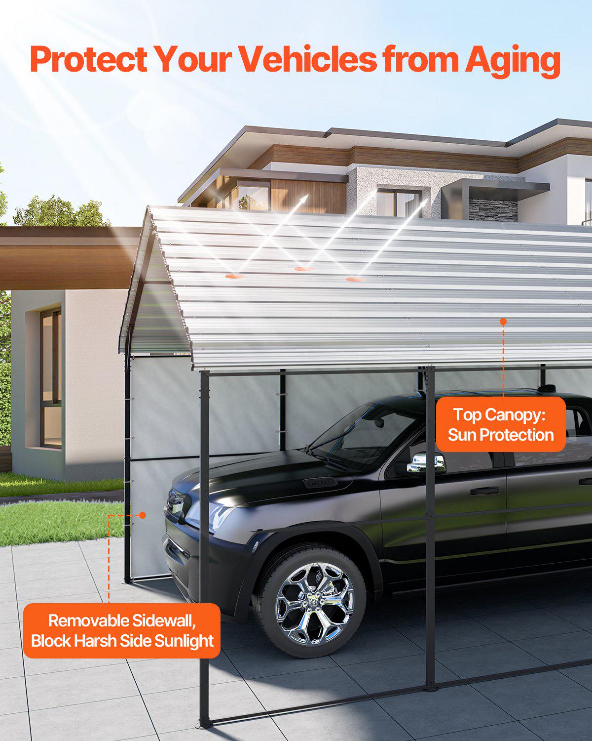 Heavy Duty Metal Carport, 12' x 20' Outdoor Carport with Galvanized Steel Frame & Roof, Car Tent Garage Shade with Removable Sidewalls, Multi-Use Car Shelter for Pickup, Boat, Car & Tractors