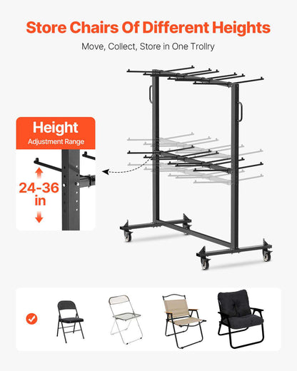 Folding Chair Rack, 800 LBS Capacity, Heavy-duty Chair Cart for 84 Chairs/ 12 Tables+42 Chairs, Dual-layer Chair Storage Dolly with Rubber Wheels and Holders, Large Chair Holder, Matte Black