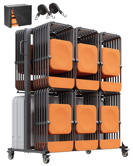 Folding Chair Rack, 800 LBS Capacity, Heavy-duty Chair Cart for 84 Chairs/ 12 Tables+42 Chairs, Dual-layer Chair Storage Dolly with Rubber Wheels and Holders, Large Chair Holder, Matte Black