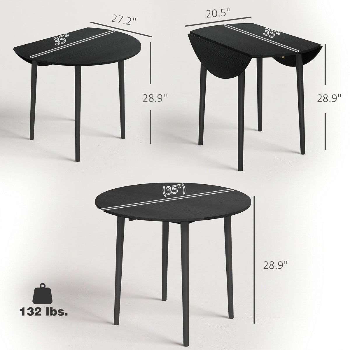 Folding Dining Table, Round Drop Leaf Kitchen Table for Small Spaces with Wood Legs, Black