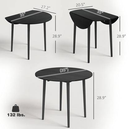 Folding Dining Table, Round Drop Leaf Kitchen Table for Small Spaces with Wood Legs, Black