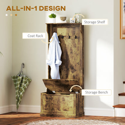 Hall Tree with Coat Rack, Storage, and Sitting Bench, Rustic Brown